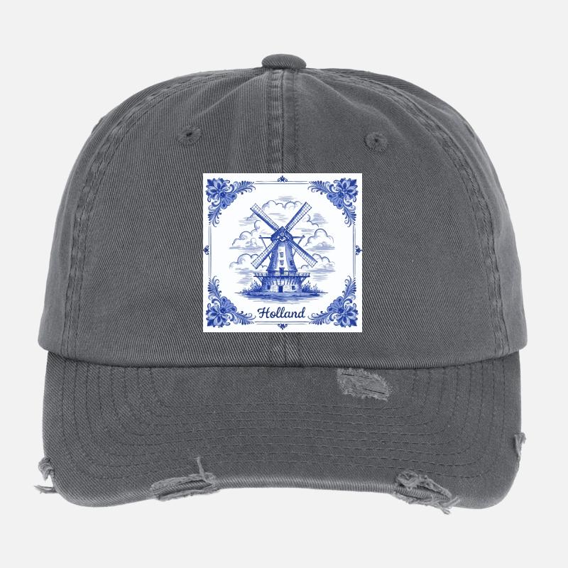Delfter blauer Windmühlenkachel Flexfit Vintage Destroyed Cap