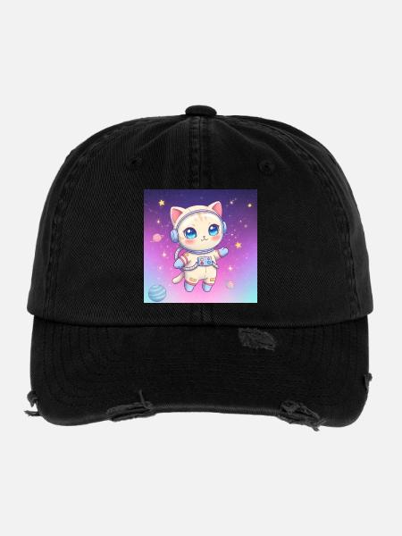 Astronaut kitten - Flexfit Vintage Destroyed Cap - black - Front