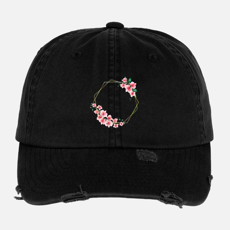 Elegant and Floral Circle Frame with Flowers - Flexfit Vintage Destroyed Cap - black