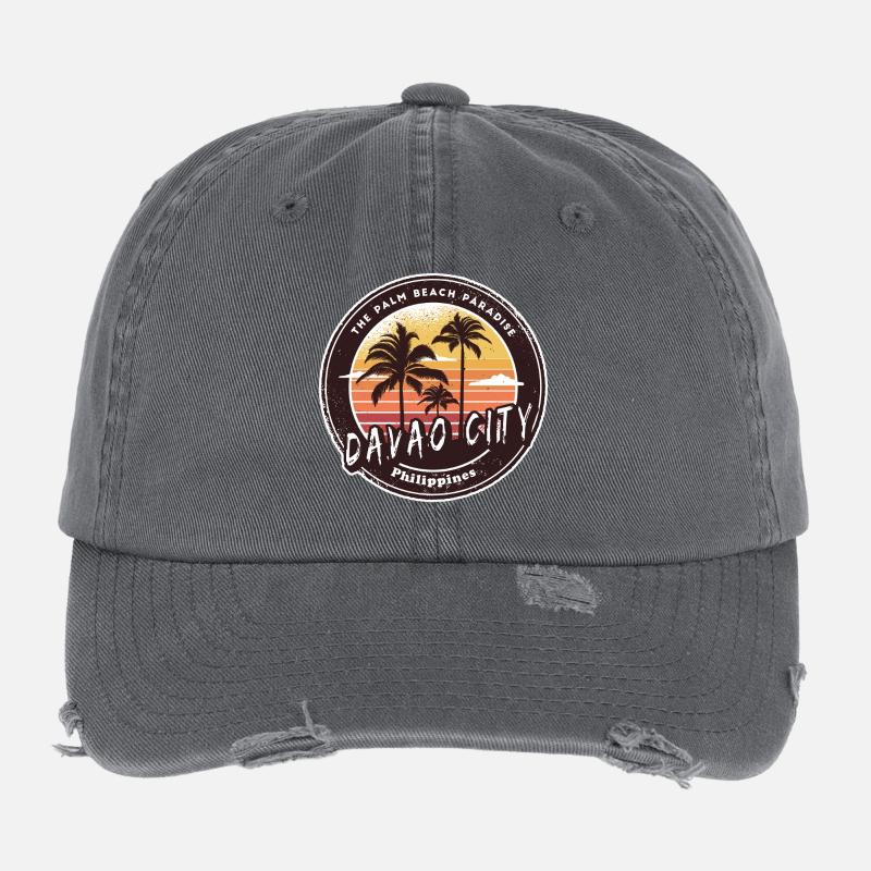 Davao City Philippines Beach Palm Trees Design Flexfit Vintage Destroyed Cap