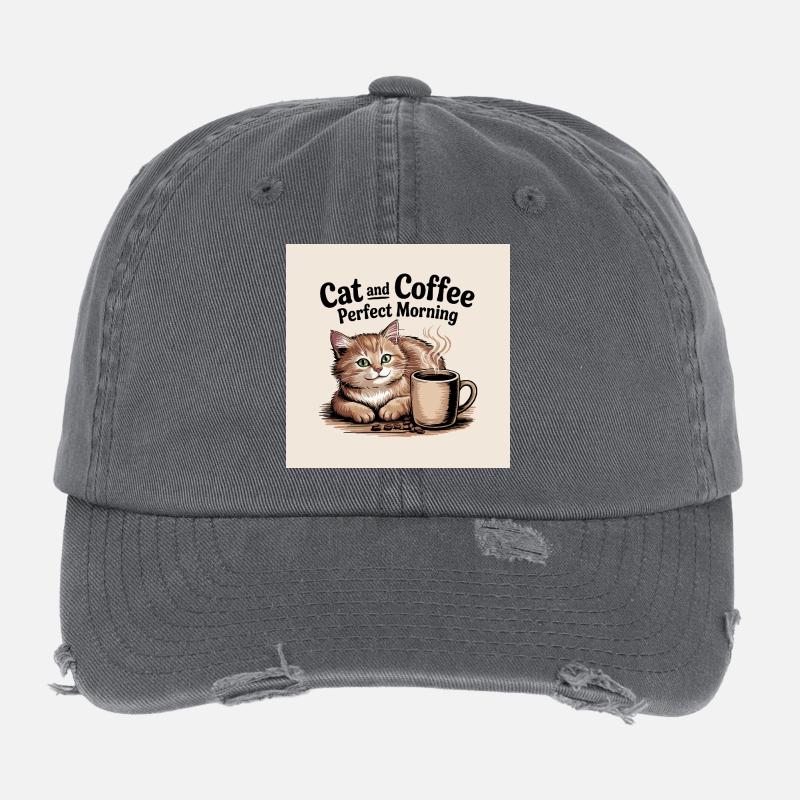 Katze und Kaffe ist ein perfekter Morgen Flexfit Vintage Destroyed Cap