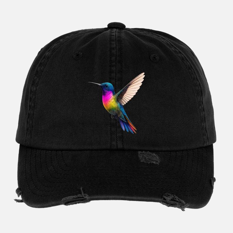 Vibrant Rainbow Hummingbird Design Flexfit Vintage Destroyed Cap