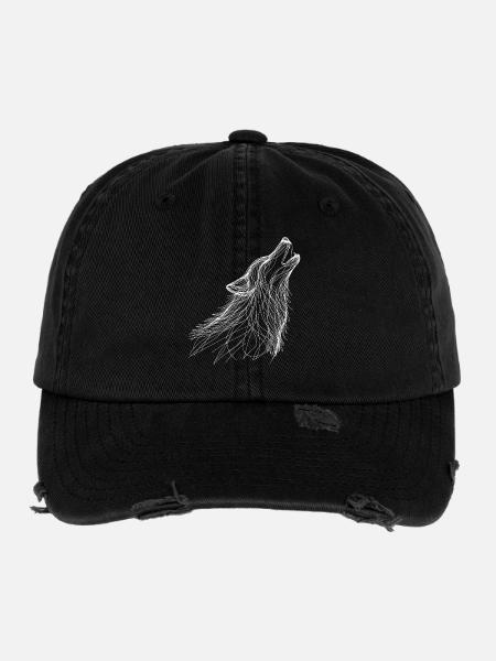 Wolf Lineart - Flexfit Vintage Destroyed Cap - Schwarz - Vorne