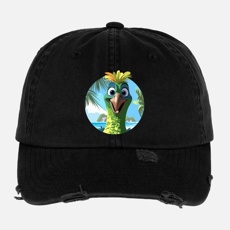 Exotic Bird and Palm Trees Drawing Flexfit Vintage Destroyed Cap