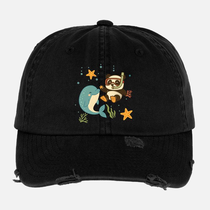 Panda diving with dolphin in the sea Flexfit Vintage Destroyed Cap