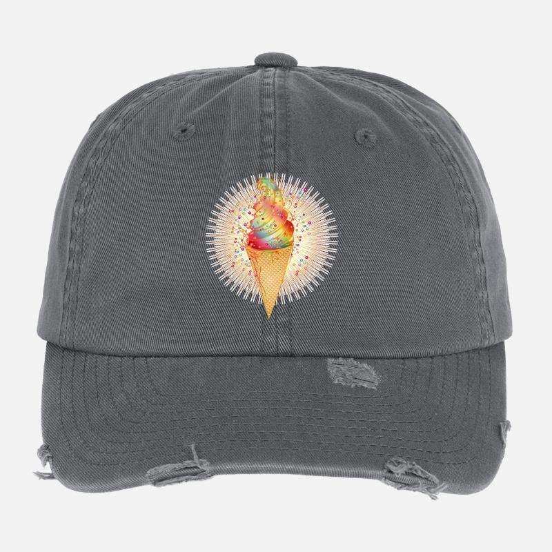 Fröhliches Softeis-Motiv mit Regenbogenfarben Flexfit Vintage Destroyed Cap