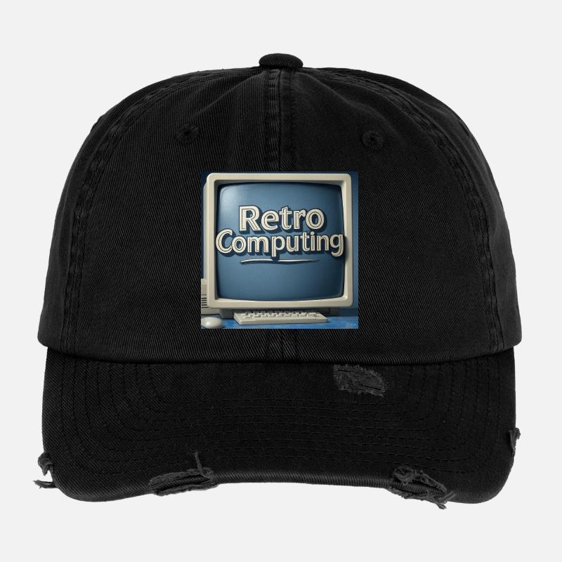 Infographie rétro sur fond bleu - Casquette vintage effet usé Flexfit - noir