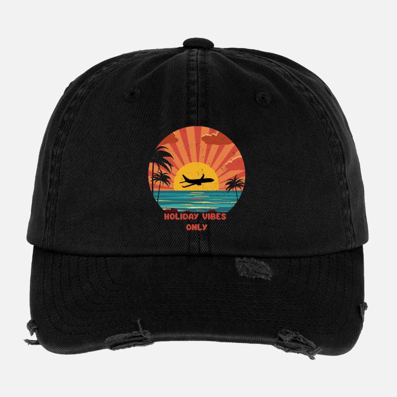 Sunset Airplane Vacation Design Flexfit Vintage Destroyed Cap