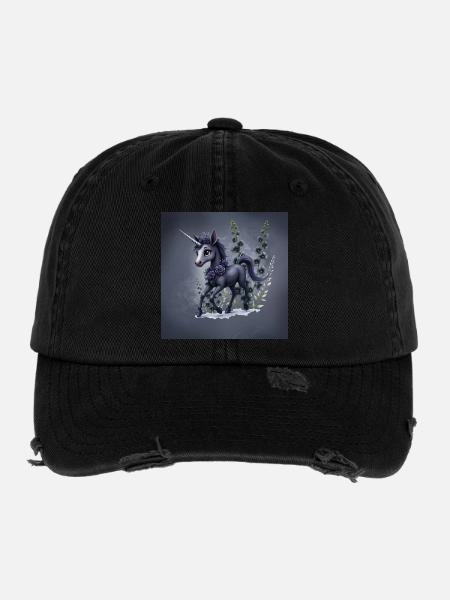Mystical Unicorn with Flowers in Blue Tones - Flexfit Vintage Destroyed Cap - black - Front