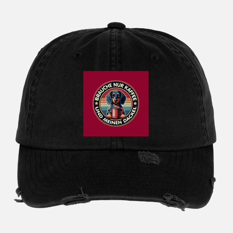 Hunde-Design Dackel mit Kaffeetasse - Flexfit Vintage Destroyed Cap - Schwarz
