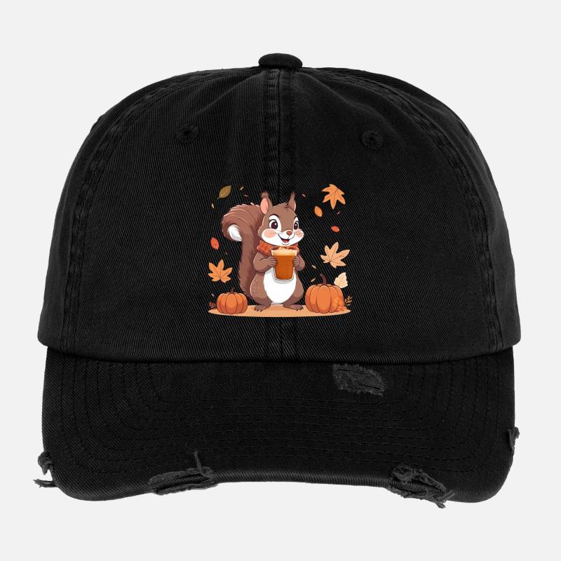 Écureuil mignon avec latte à la citrouille et aux épices d’automne Casquette vintage effet usé Flexfit