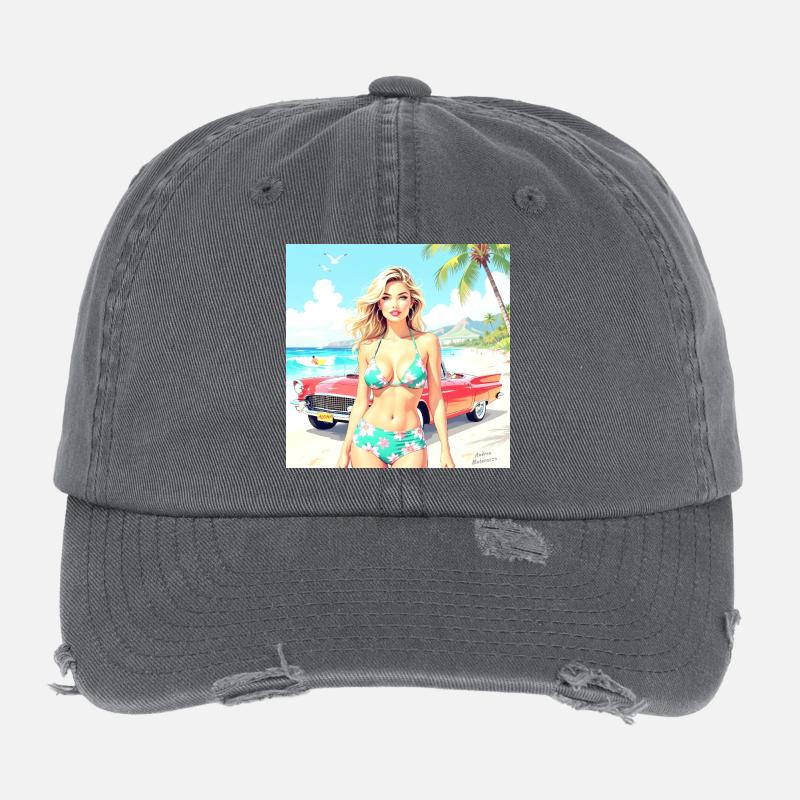 Frau am Strand mit Oldtimer Flexfit Vintage Destroyed Cap