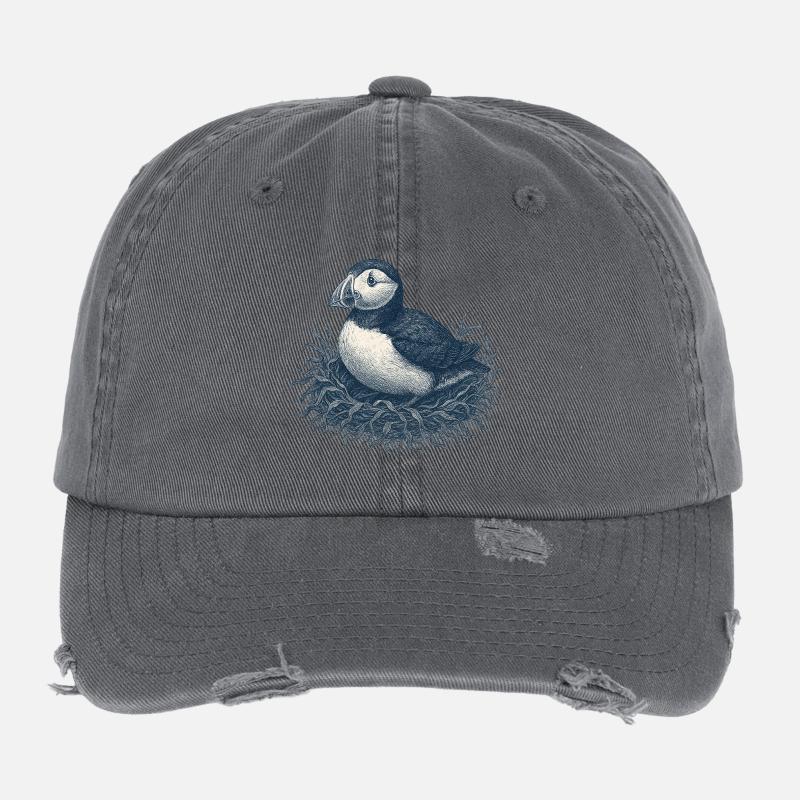 Detailed Puffin Nest Illustration Flexfit Vintage Destroyed Cap