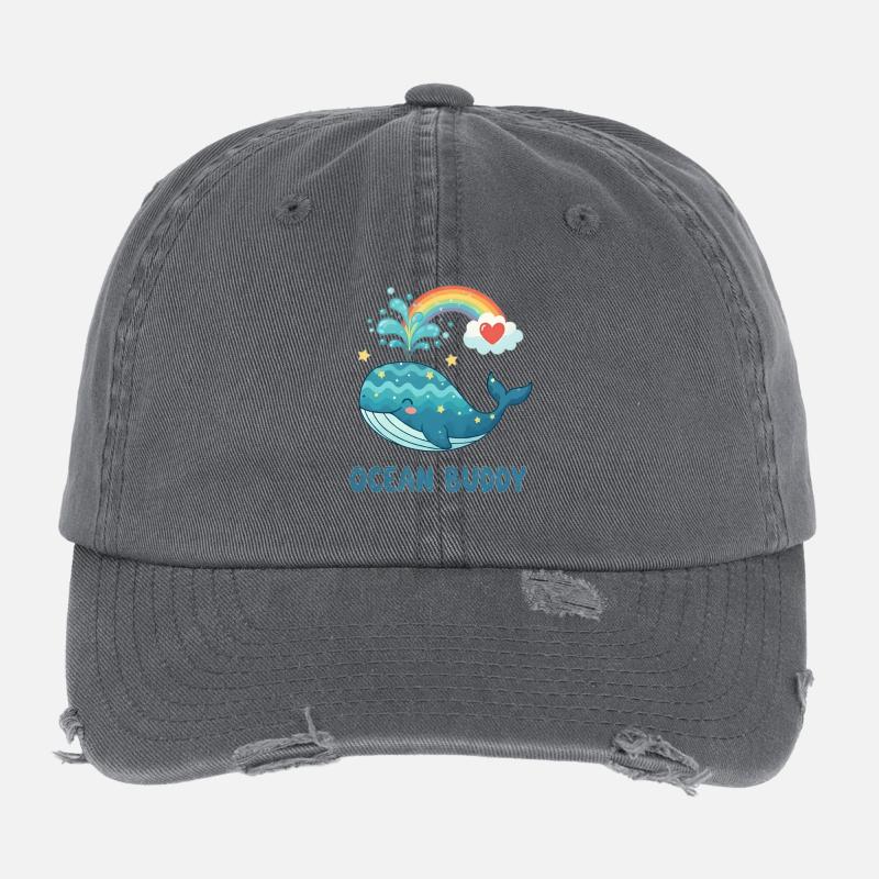 Whimsical Ocean Whale with Rainbow Heart Flexfit Vintage Destroyed Cap