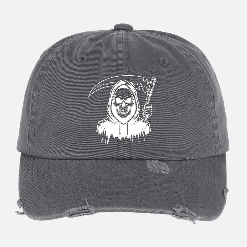 Grim Reaper Skull Design Flexfit Vintage Destroyed Cap
