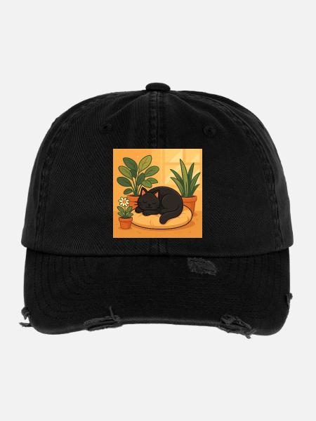 Cozy cat rest with plants - Flexfit Vintage Destroyed Cap - black