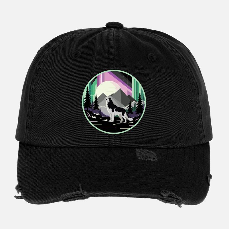 Siberian Husky with Northern Lights Flexfit Vintage Destroyed Cap