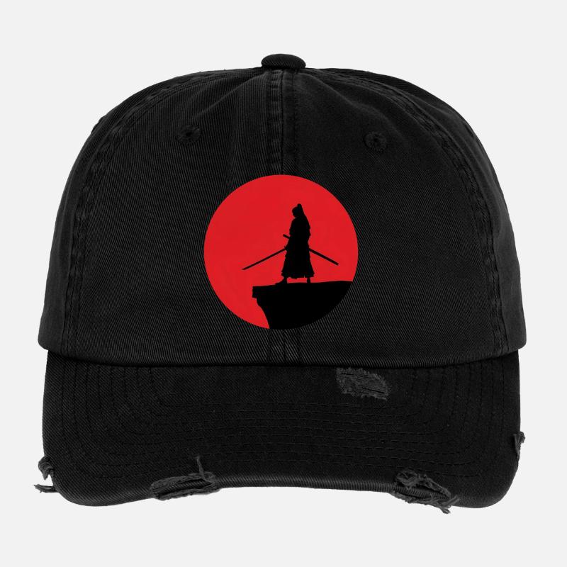 Silhouette de samouraï devant la lune rouge Casquette vintage effet usé Flexfit