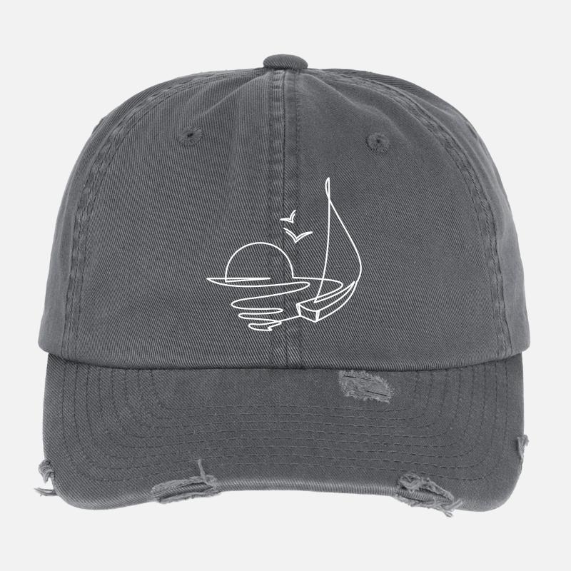 Segelboot Skizze mit Sonne und Vögeln Flexfit Vintage Destroyed Cap