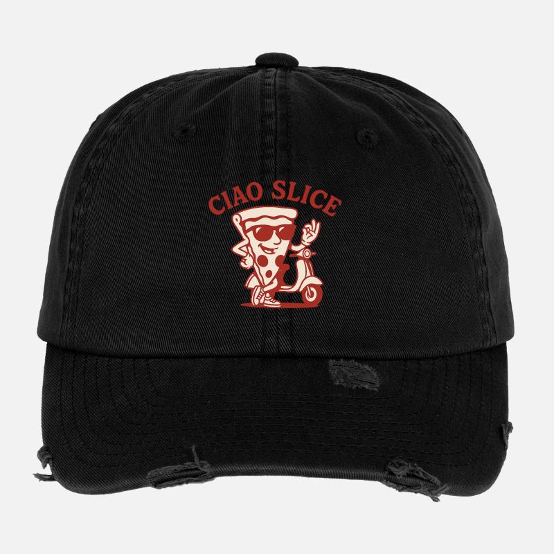 Ciao Slice – Retro Pizza Design Rot Edition Flexfit Vintage Destroyed Cap