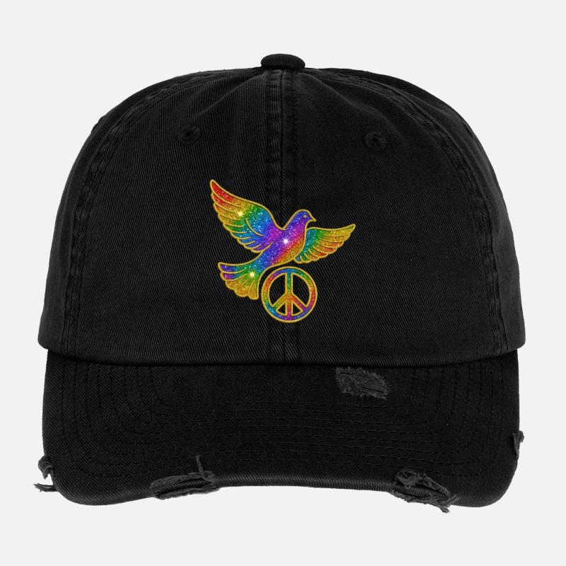 Regenbogen Friedenstaube mit Friedenszeichen Flexfit Vintage Destroyed Cap