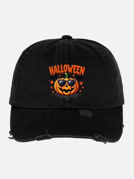 Halloween Kürbis mit Sonnenbrille - Flexfit Vintage Destroyed Cap - Schwarz - Vorne