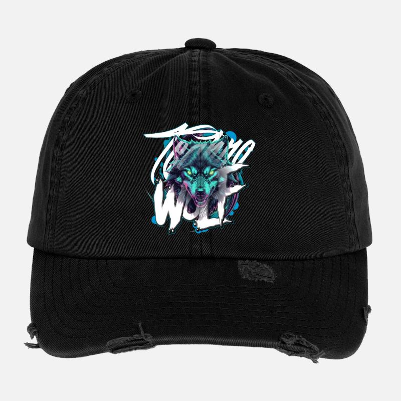 Tête de Loup Techno Néon – Loup Rave Casquette vintage effet usé Flexfit