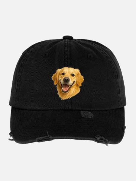 Cheerful Golden Retriever Head - Flexfit Vintage Destroyed Cap - black - Front