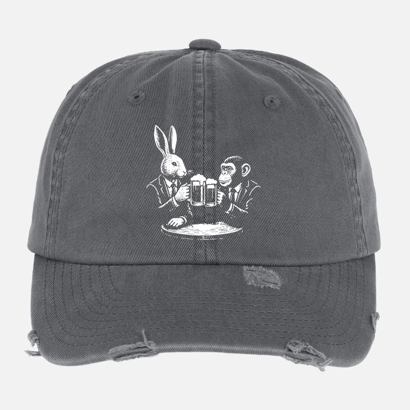 rabbit and monkey are drinking beer in the pub Flexfit Vintage Destroyed Cap