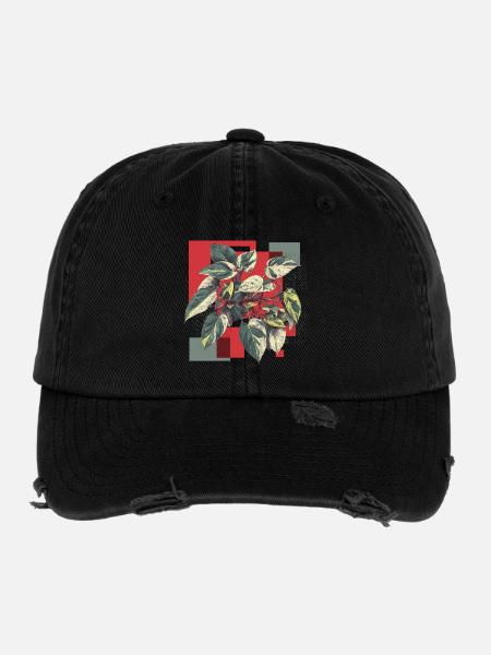 Philodendron Variegata – Pop Art Pflanzenkunst - Flexfit Vintage Destroyed Cap - Schwarz - Vorne