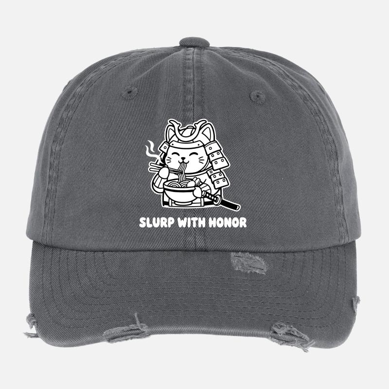 Samurai cat eating noodles Flexfit Vintage Destroyed Cap