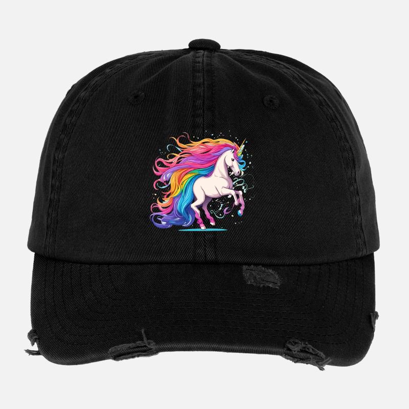 Regenbogen-Einhorn mit leuchtendem Haarschweif Flexfit Vintage Destroyed Cap
