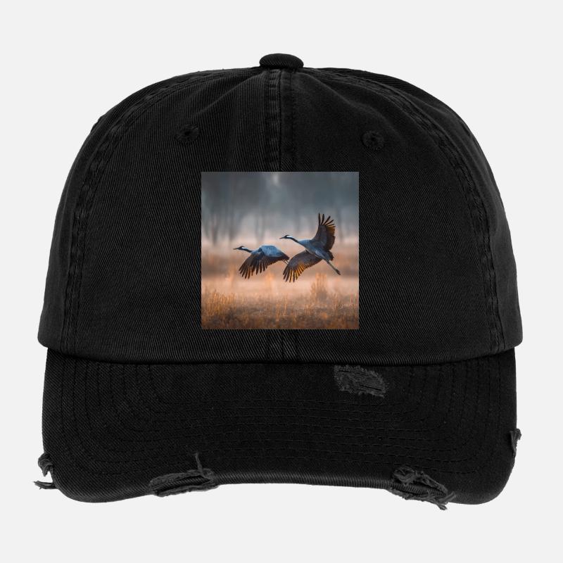 Kraniche Morgennebel Zugvögel Golden Light Flexfit Vintage Destroyed Cap
