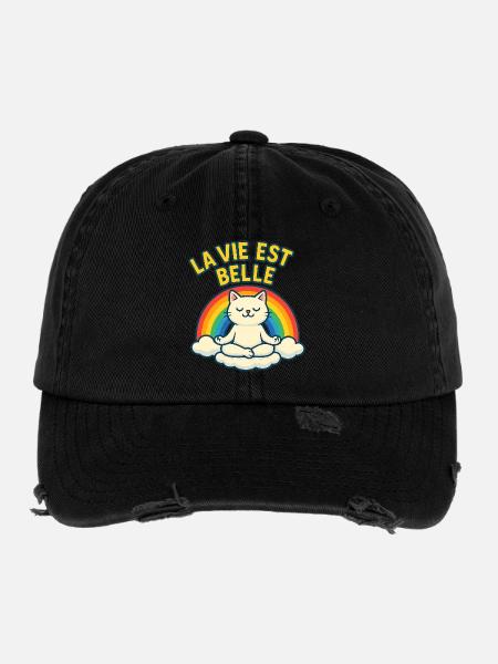 Das Leben der Regenbogen-Zen-Katze ist wunderschön - Flexfit Vintage Destroyed Cap - Schwarz - Vorne