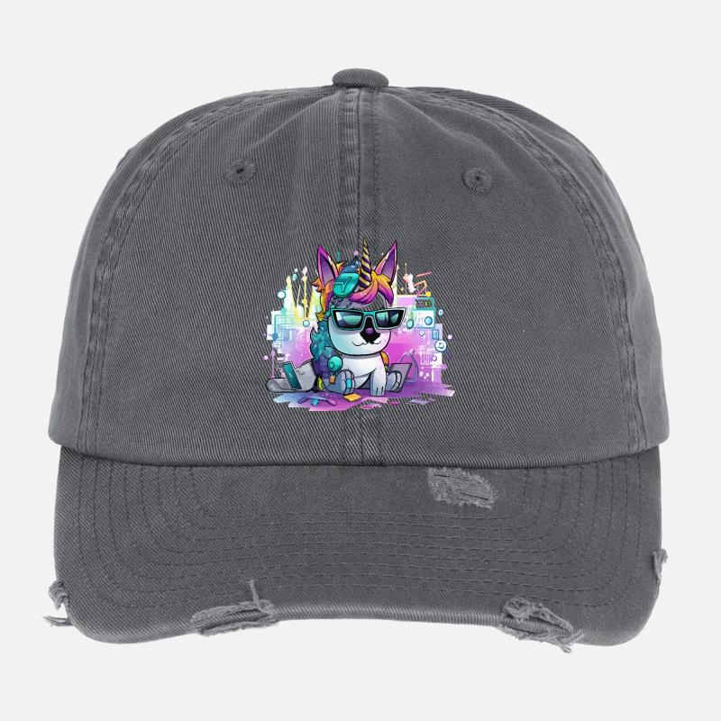 Techicorn Neon Unicorn Flexfit Vintage Destroyed Cap