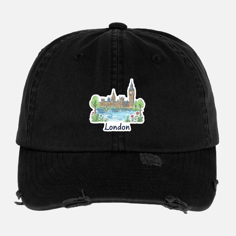 Illustrations du pont parlementaire Big Ben Skyline de Londres - Casquette vintage effet usé Flexfit - noir