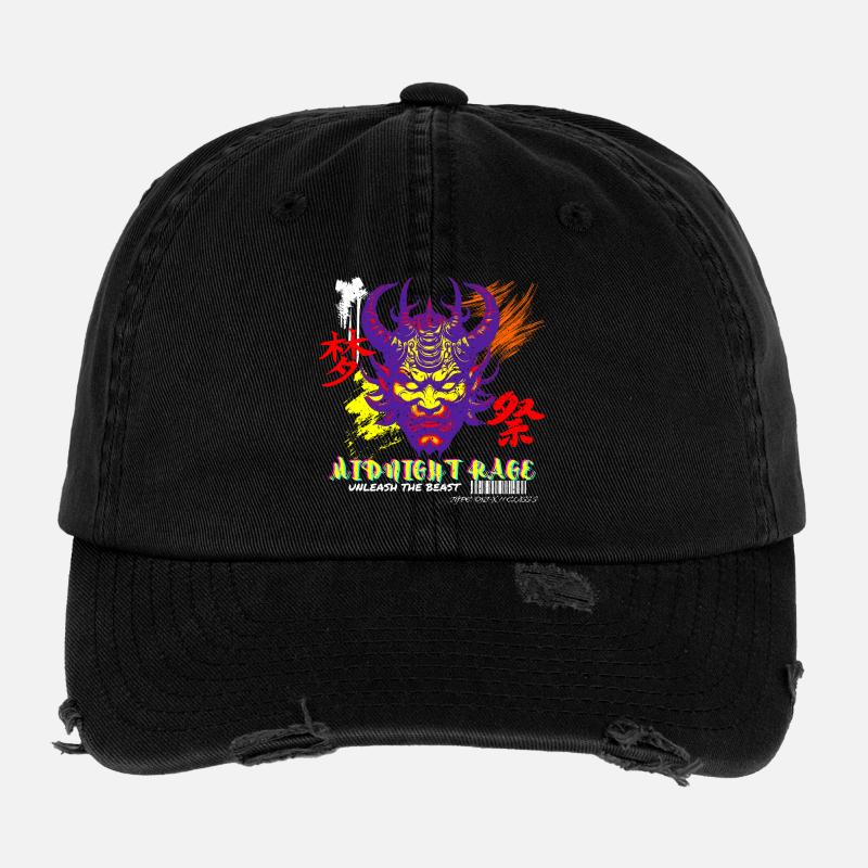Midnight Rage Glitch Oni Face Urban Style Flexfit Vintage Destroyed Cap