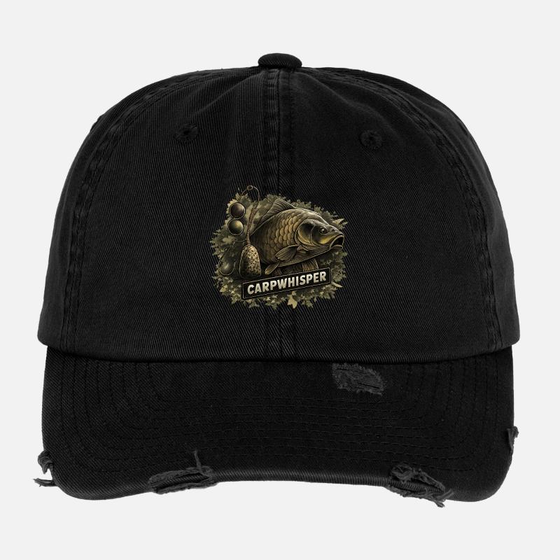 CARPWHISPER: Karpfen-Motiv mit Angelrequisiten Flexfit Vintage Destroyed Cap