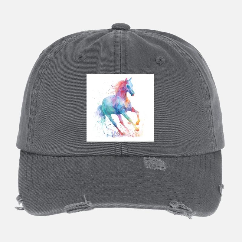 Rainbow Watercolor Horse Flexfit Vintage Destroyed Cap