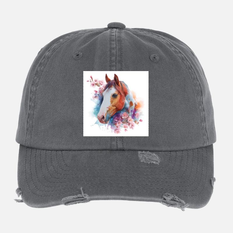 Aquarellpferd mit Blüten Flexfit Vintage Destroyed Cap