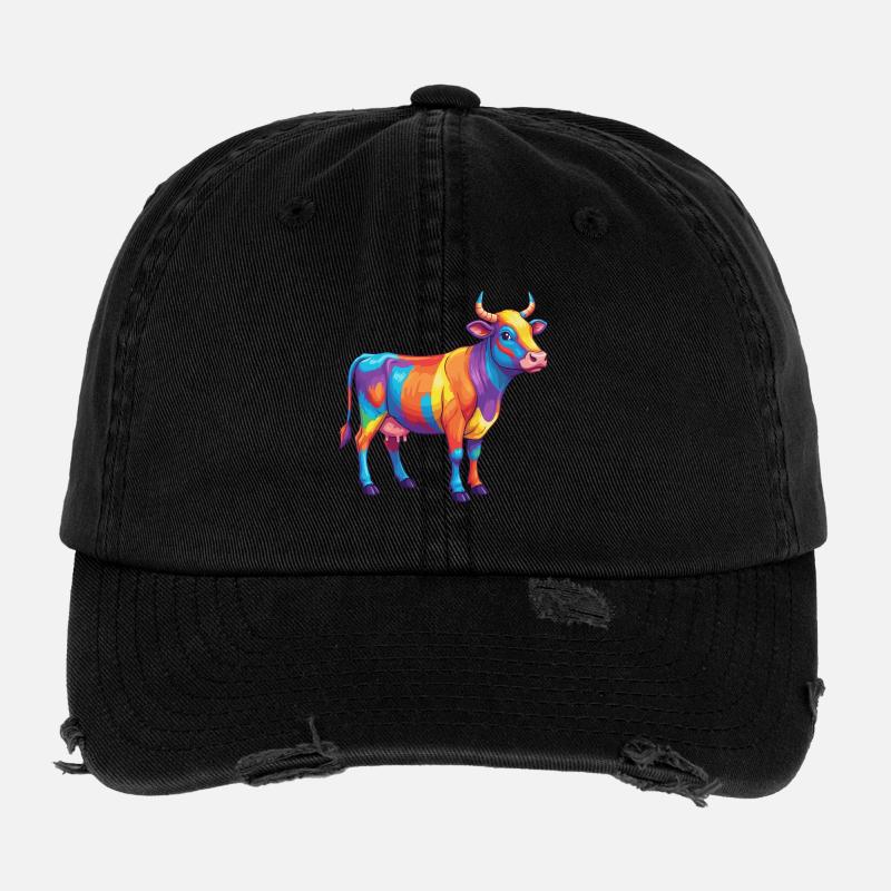 Bunte Kuh-Regenbogen-Pop-Art-Aquarell Flexfit Vintage Destroyed Cap