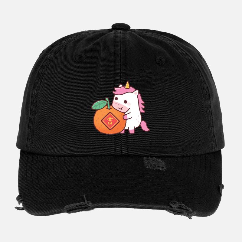 Süßes Einhornpferd mit orangefarbenem chinesischem Neujahr Flexfit Vintage Destroyed Cap