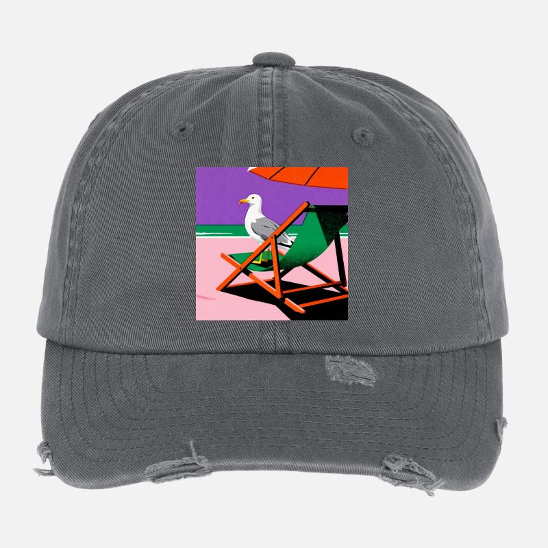 Bunter Strandstuhl und Möwe Flexfit Vintage Destroyed Cap