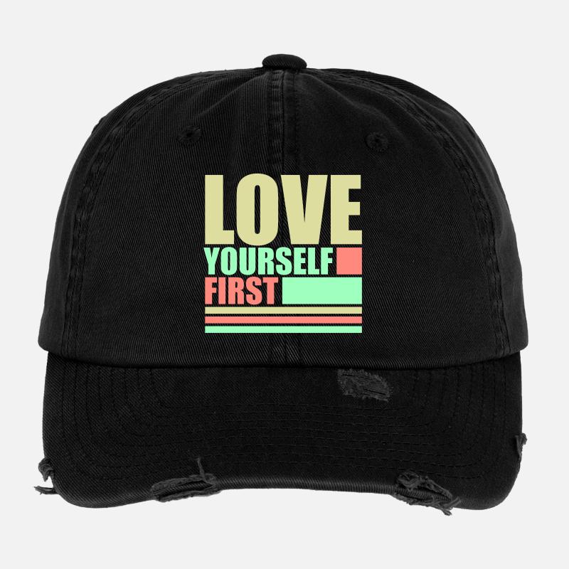 Love Yourself First Selbstliebe Selbstfürsorge Flexfit Vintage Destroyed Cap