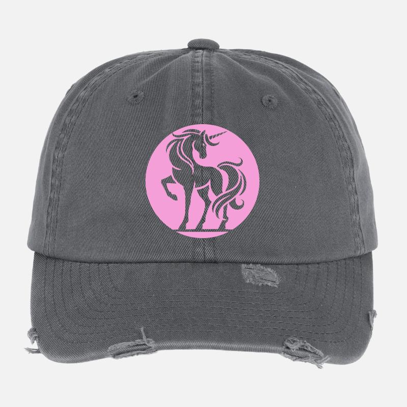 Pink Unicorn Silhouette Circle Flexfit Vintage Destroyed Cap