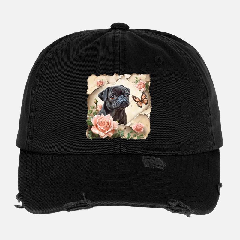 Schwarzer Mops mit Schmetterling Flexfit Vintage Destroyed Cap