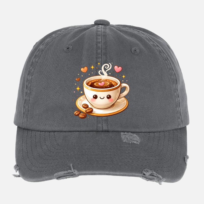 Süße Kaffee Tasse mit Gesicht Illustration  Flexfit Vintage Destroyed Cap