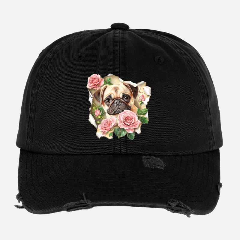 Pug with roses Flexfit Vintage Destroyed Cap