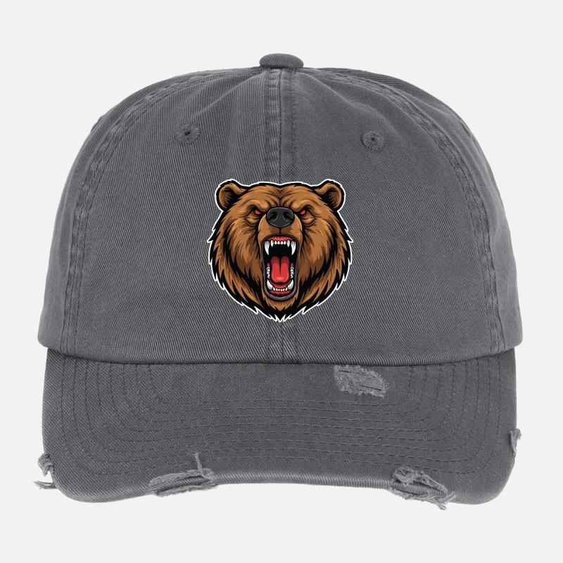Wild Brown Bear Anger Logo Maskottchen Bär Flexfit Vintage Destroyed Cap