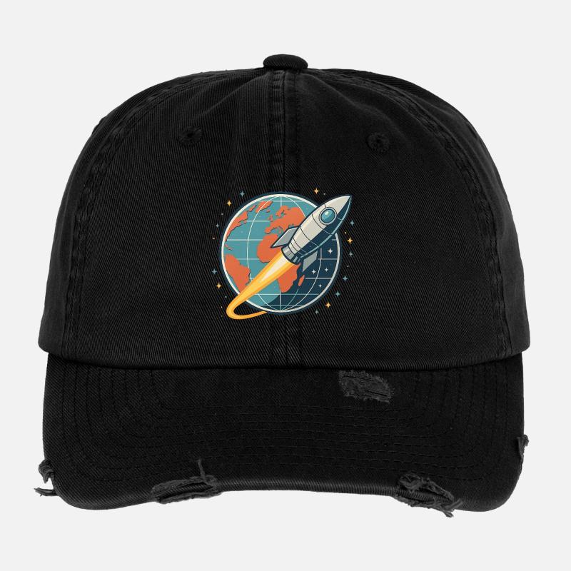 Lancement de fusée au-dessus du globe Casquette vintage effet usé Flexfit